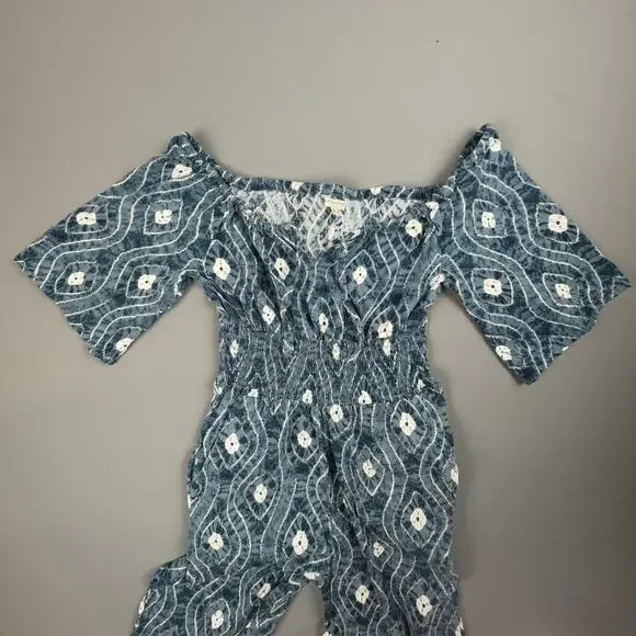 Earthbound Blue Boho Wide Leg Jumpsuit Medium Off Shoulder Smocked Waist - Picture 2 of 5